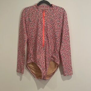Crewcuts brand, pink cherry print long sleeved swimsuit, girls size 12.